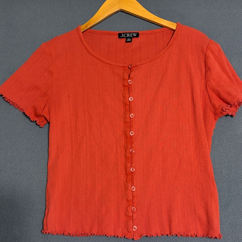 J. Crew Coral-Red Short Sleeve Button-Front Top